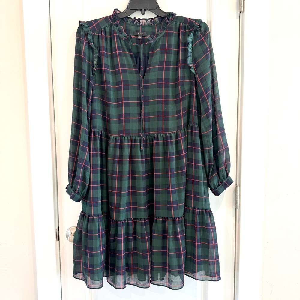 J. Crew Tie Neck Tiered Dress in Black Watch Tartan Green Navy Red Color sz XL - Picture 3 of 14